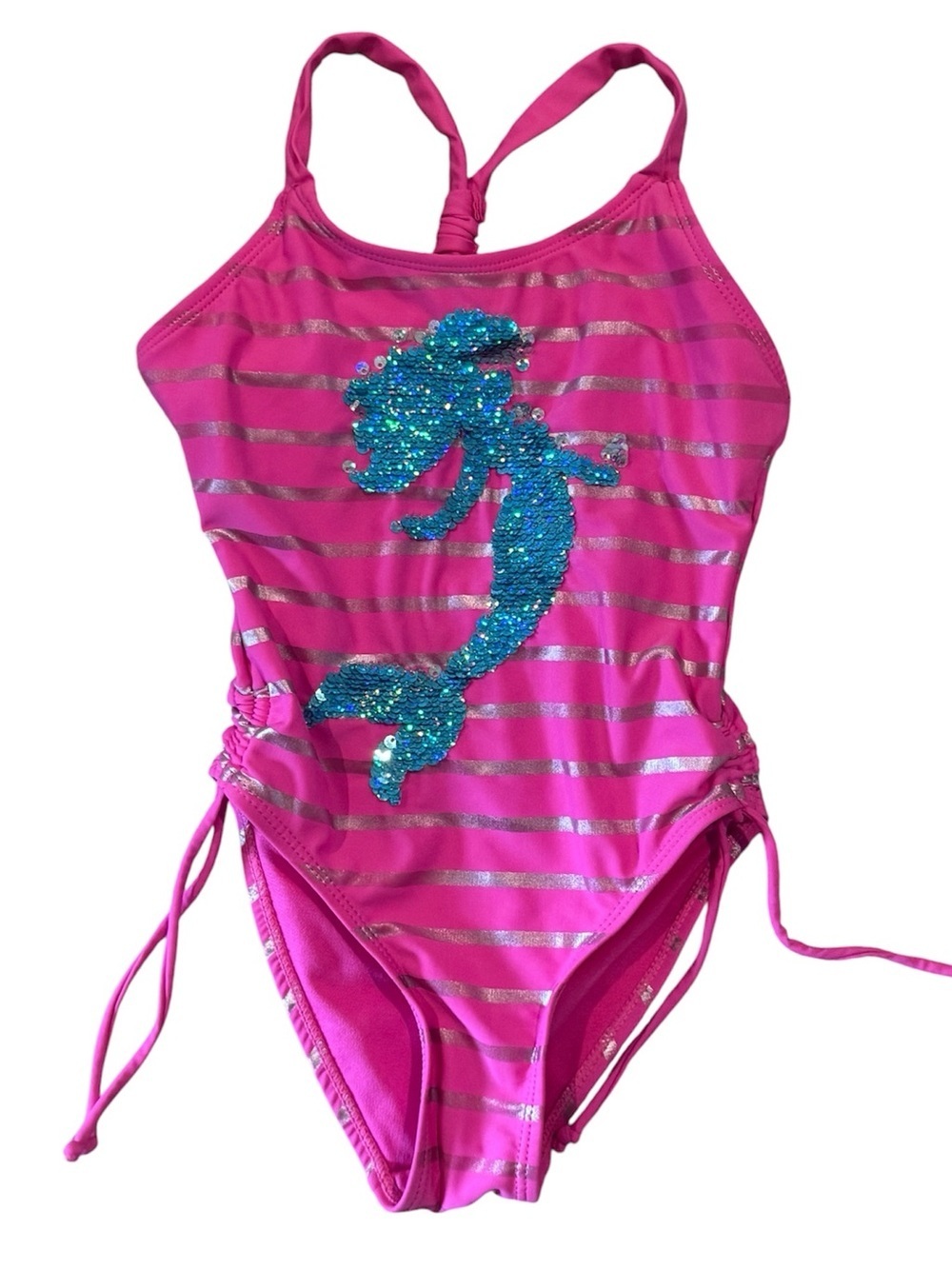 Girls Pink Sequin Mermaid One-Piece Swimsuit with Side Ties Size 4